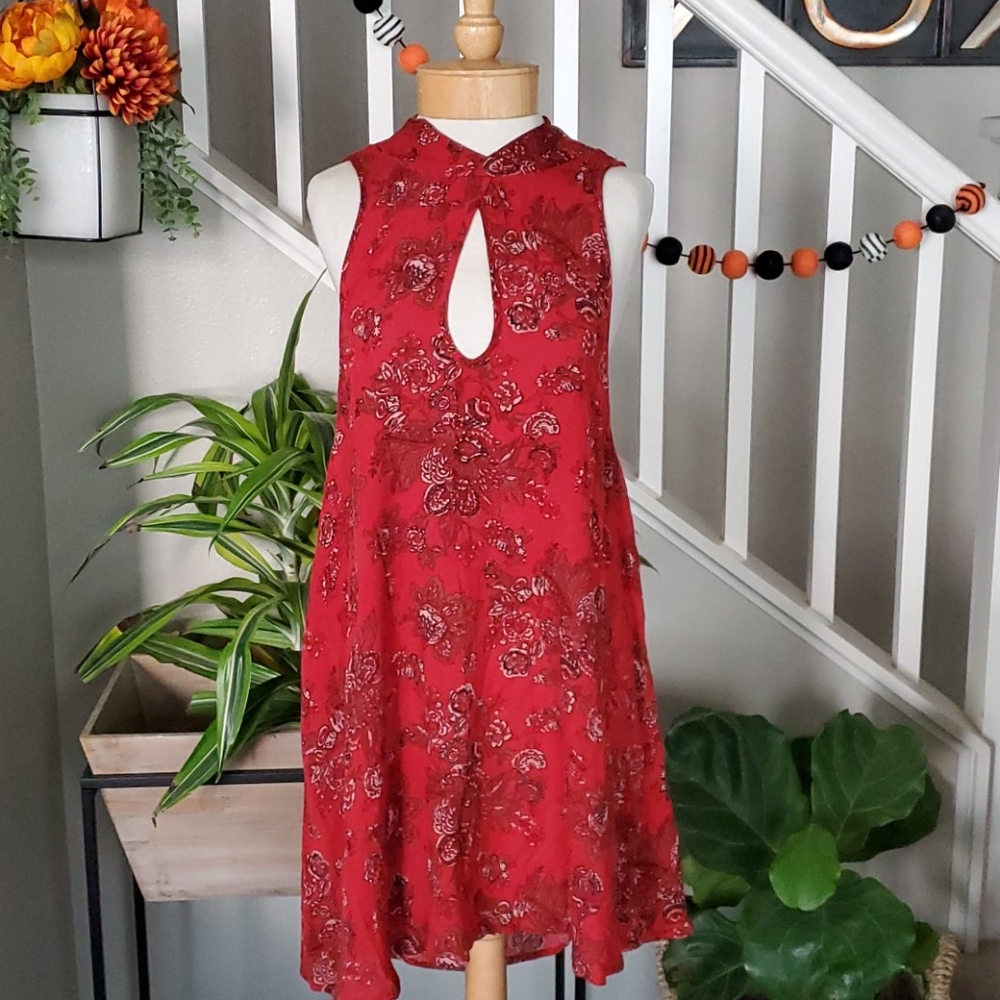 Free People Red Sleeveless Mock Neck Print Tunic